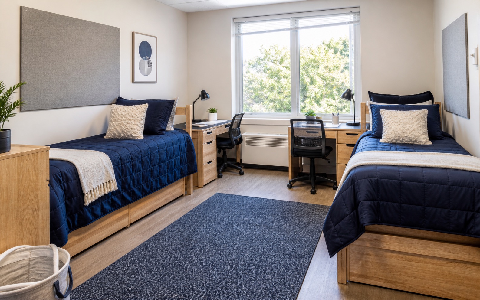 College residence hall room with two prepared beds and desks